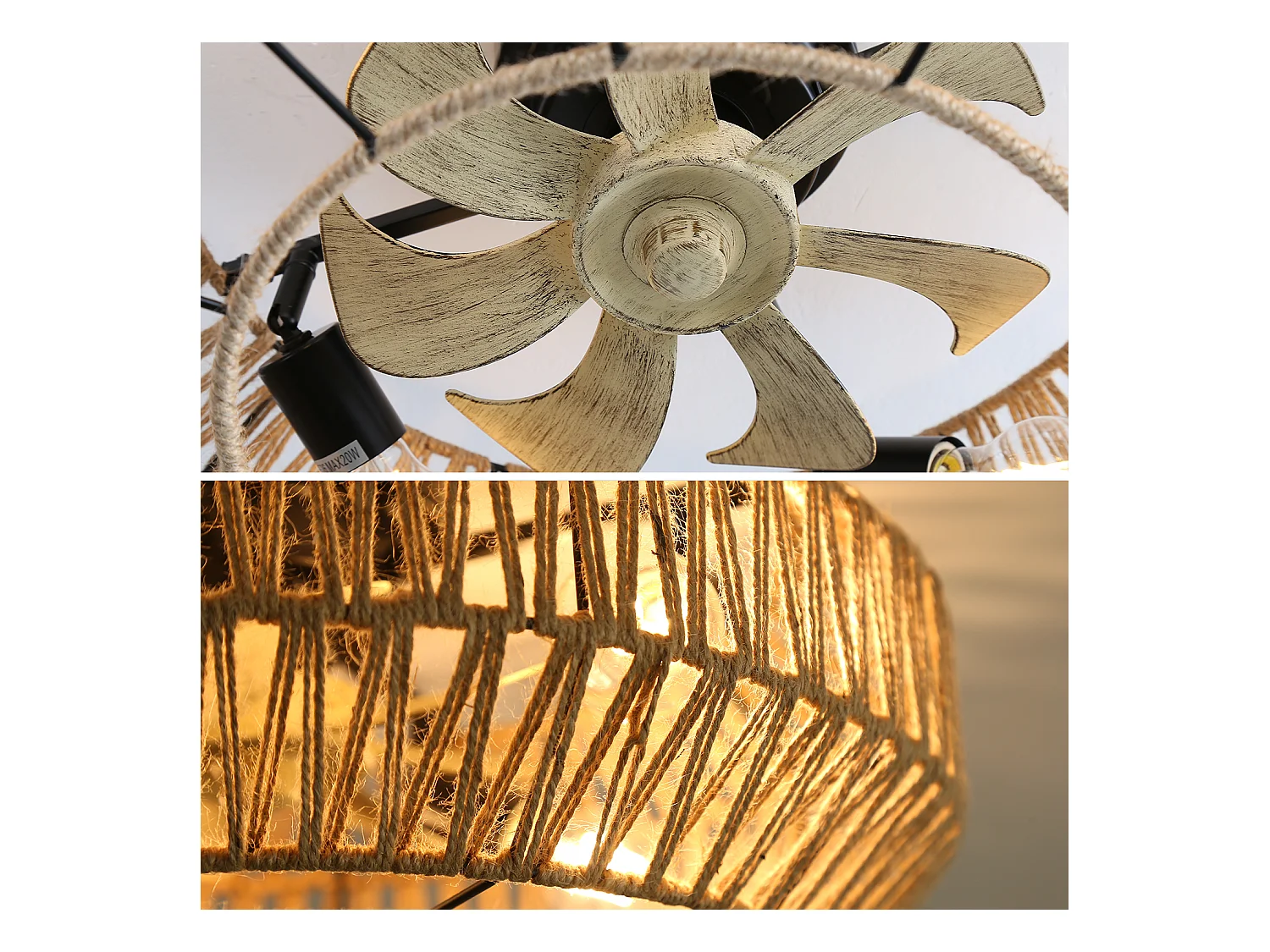 Ventilateur de Plafond Boho avec Cage en Métal et Pales en Faux Grain de Bois – Idéal pour Chambre, Salon, Cuisine, Salle à Manger