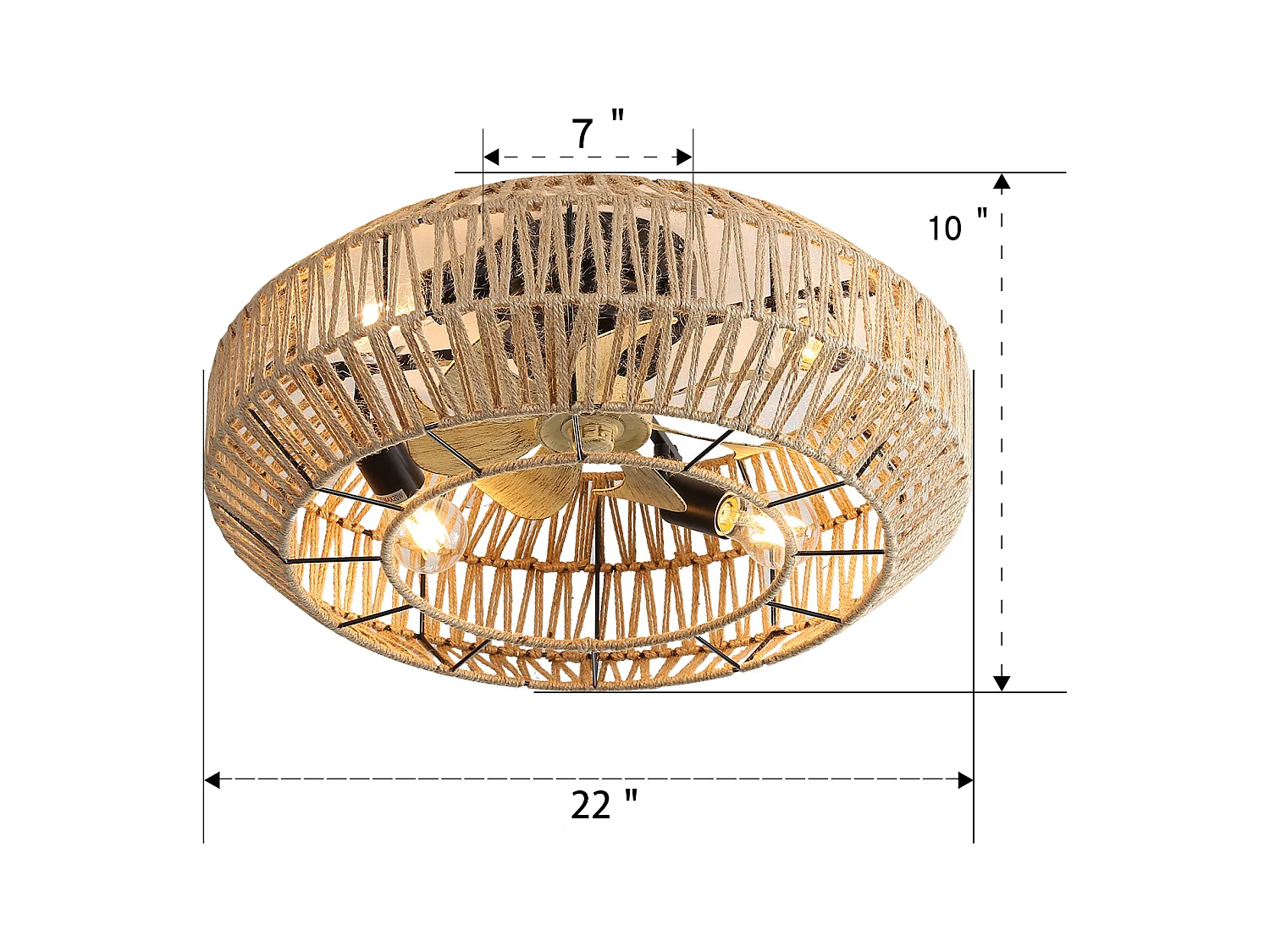 Ventilateur de Plafond Boho avec Cage en Métal et Pales en Faux Grain de Bois – Idéal pour Chambre, Salon, Cuisine, Salle à Manger