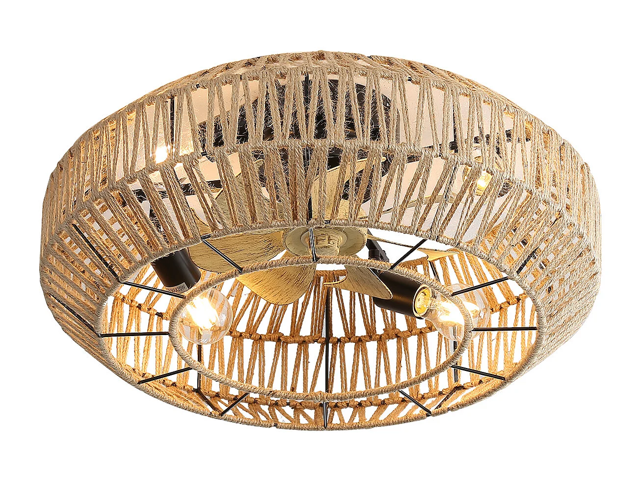 Ventilateur de Plafond Boho avec Cage en Métal et Pales en Faux Grain de Bois – Idéal pour Chambre, Salon, Cuisine, Salle à Manger