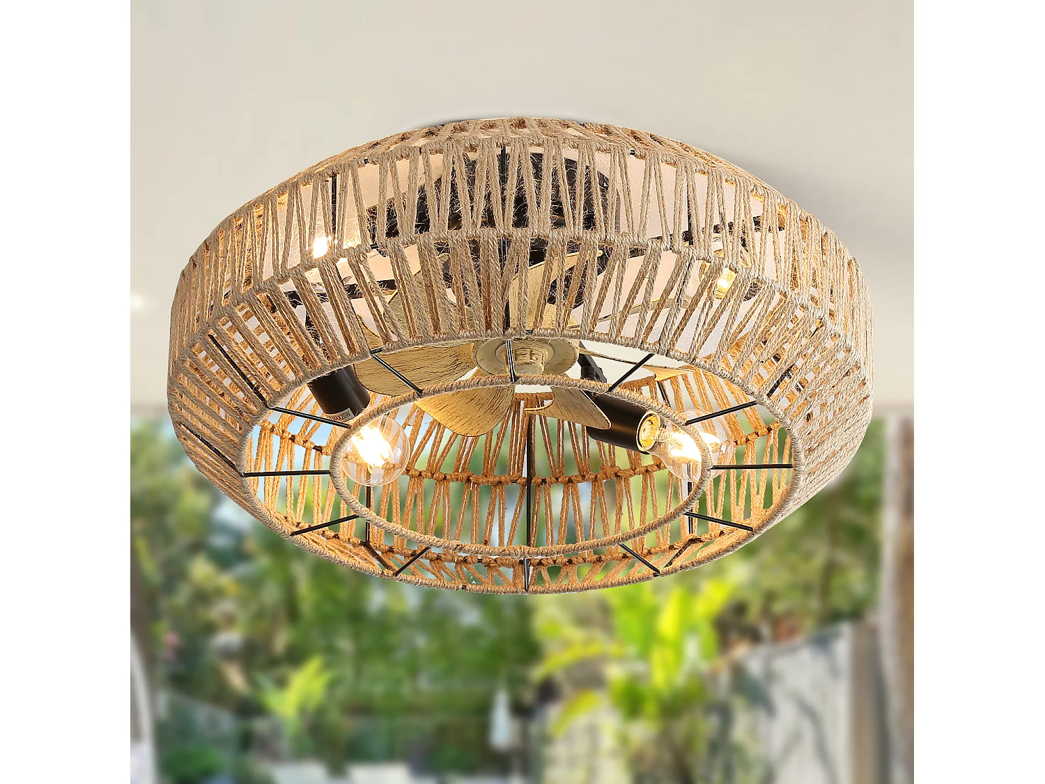 Ventilateur de Plafond Boho avec Cage en Métal et Pales en Faux Grain de Bois – Idéal pour Chambre, Salon, Cuisine, Salle à Manger