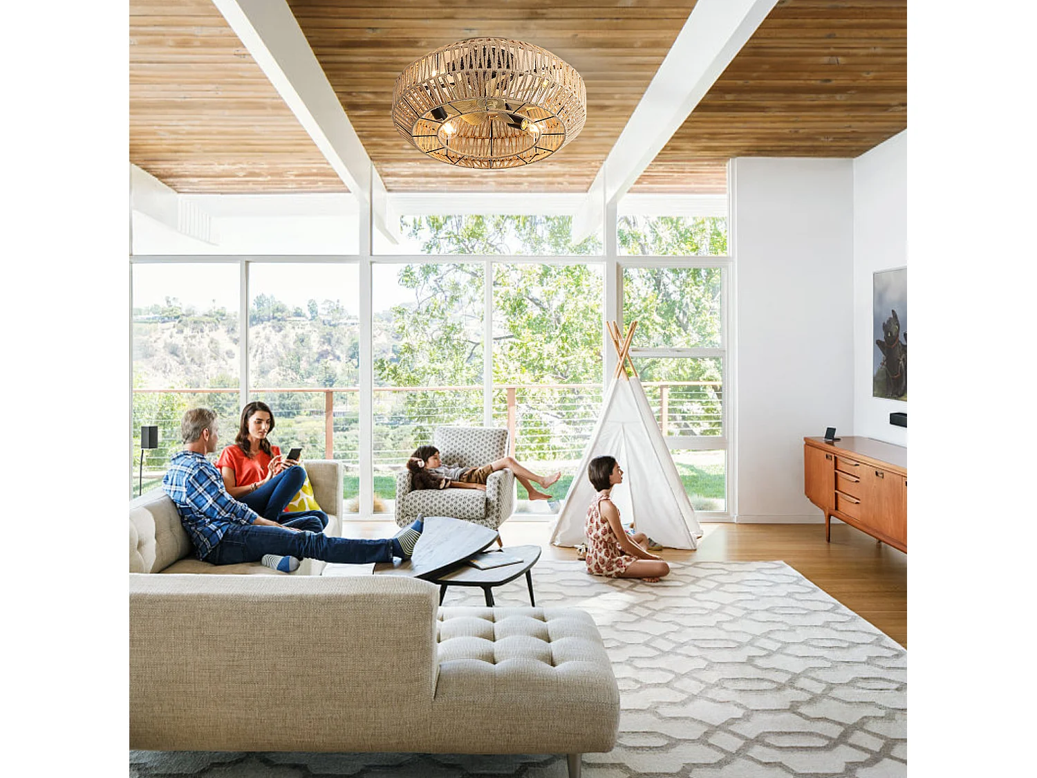 Ventilateur de Plafond Boho avec Cage en Métal et Pales en Faux Grain de Bois – Idéal pour Chambre, Salon, Cuisine, Salle à Manger