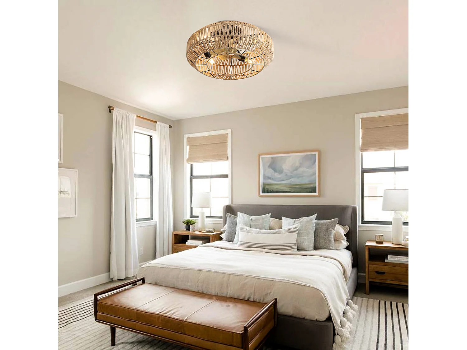 Ventilateur de Plafond Boho avec Cage en Métal et Pales en Faux Grain de Bois – Idéal pour Chambre, Salon, Cuisine, Salle à Manger