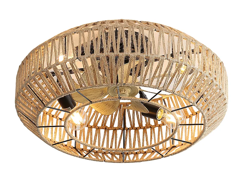 Ventilateur de Plafond Boho avec Cage en Métal et Pales en Faux Grain de Bois – Idéal pour Chambre, Salon, Cuisine, Salle à Manger