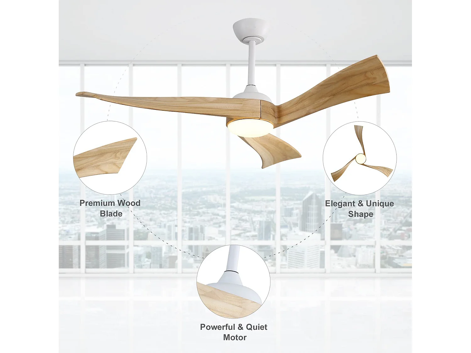 Ventilateur plafond 52" bois massif, moteur CC réversible + télécommande – intérieur/extérieur