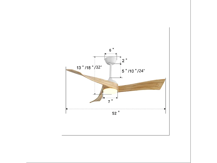 Ventilateur plafond 52" bois massif, moteur CC réversible + télécommande – intérieur/extérieur
