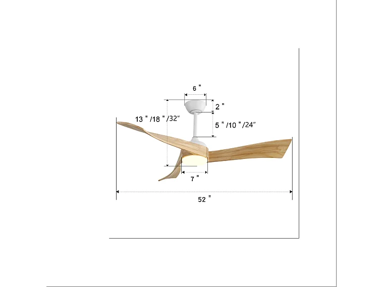 Ventilateur plafond 52" bois massif, moteur CC réversible + télécommande – intérieur/extérieur