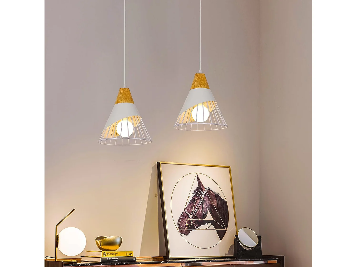 Suspension Luminaire Vintage, Lustre Industrielle en Bois E27, Lampe Plafonnier Cage en Métal pour Restaurant Cuisine Salon Couloir Dia 25cm Blanc