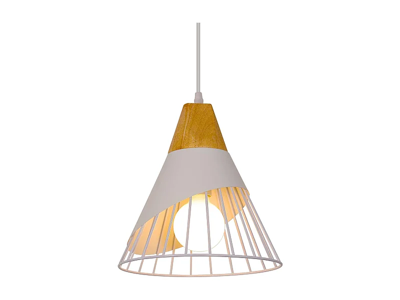 Suspension Luminaire Vintage, Lustre Industrielle en Bois E27, Lampe Plafonnier Cage en Métal pour Restaurant Cuisine Salon Couloir Dia 25cm Blanc