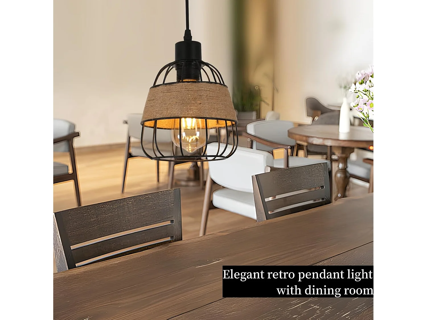 Suspension Luminaire Rétro,Lustre Plafonnier Industriel,Luminaire Abat-jour Cage en Métal et Corde,Plafond pour Chambre 16CM Noir(E27,Sans Ampoule)