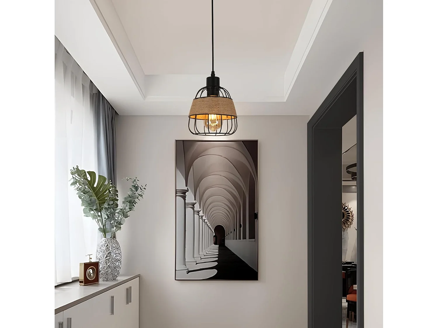 Suspension Luminaire Rétro,Lustre Plafonnier Industriel,Luminaire Abat-jour Cage en Métal et Corde,Plafond pour Chambre 16CM Noir(E27,Sans Ampoule)
