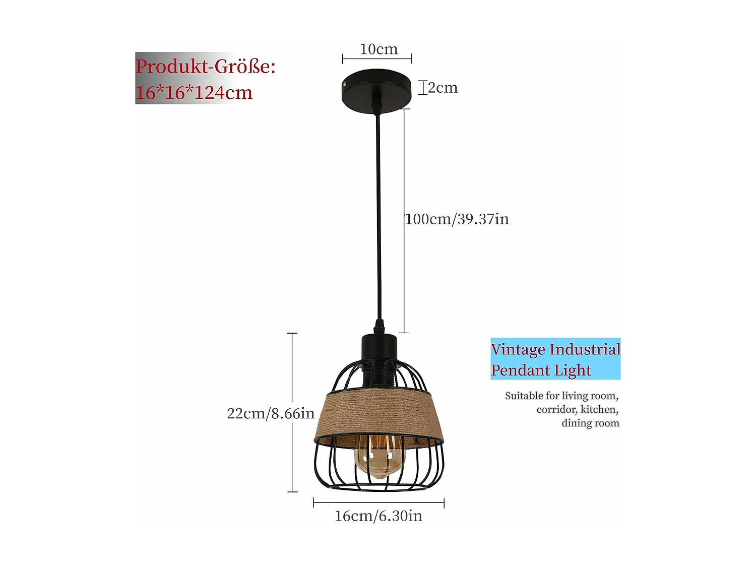 Suspension Luminaire Rétro,Lustre Plafonnier Industriel,Luminaire Abat-jour Cage en Métal et Corde,Plafond pour Chambre 16CM Noir(E27,Sans Ampoule)