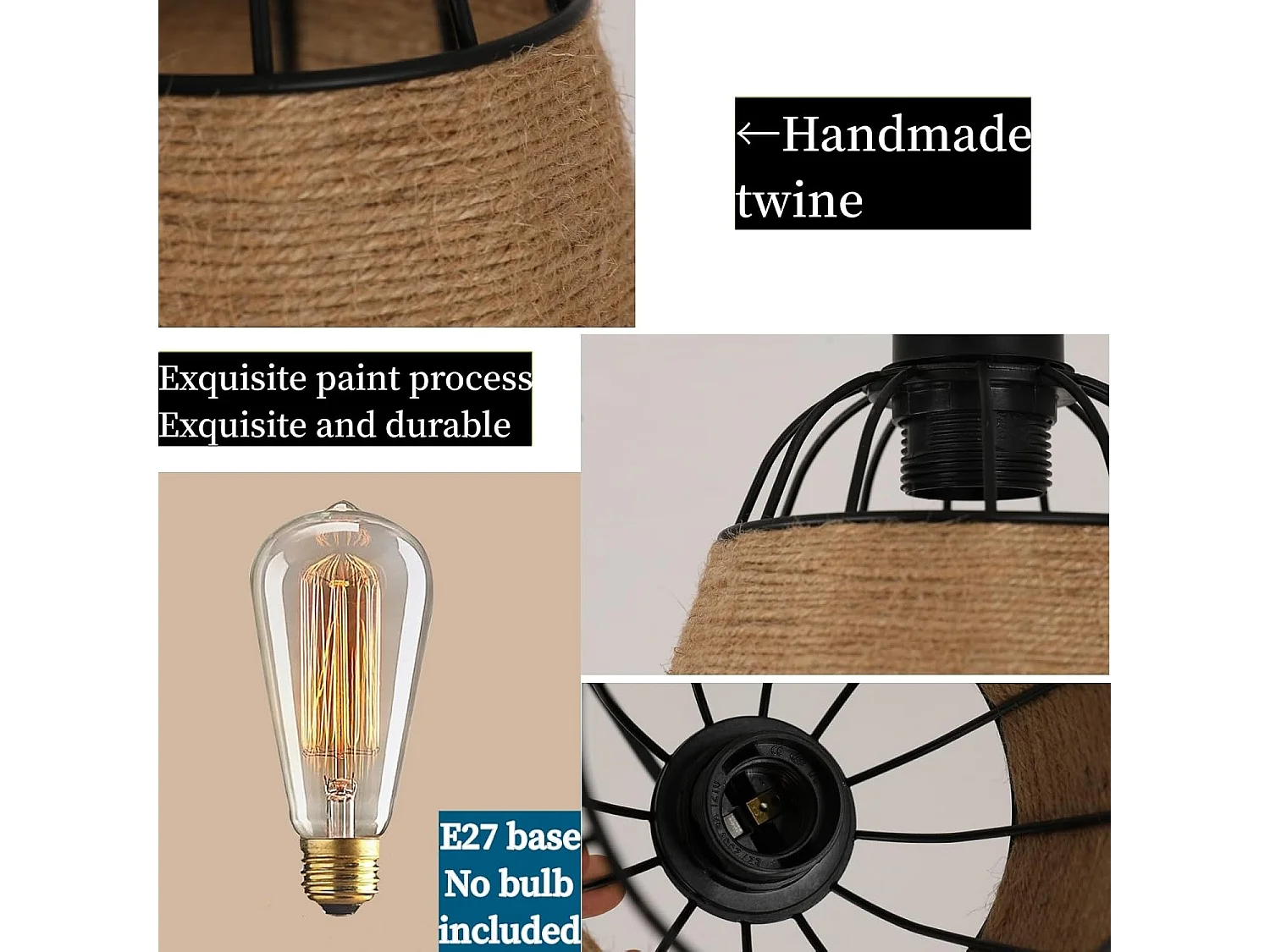 Suspension Luminaire Rétro,Lustre Plafonnier Industriel,Luminaire Abat-jour Cage en Métal et Corde,Plafond pour Chambre 16CM Noir(E27,Sans Ampoule)