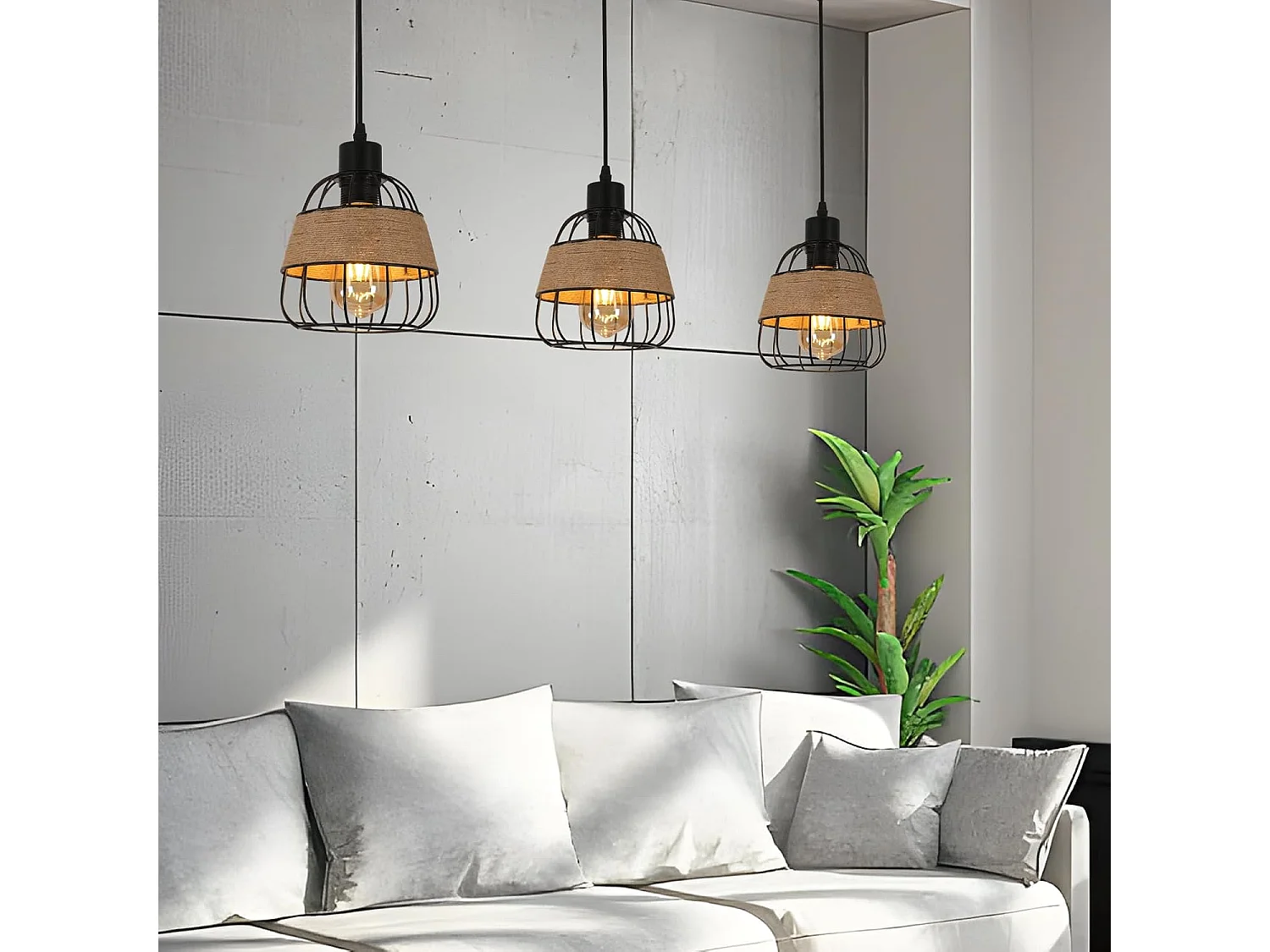 Suspension Luminaire Rétro,Lustre Plafonnier Industriel,Luminaire Abat-jour Cage en Métal et Corde,Plafond pour Chambre 16CM Noir(E27,Sans Ampoule)