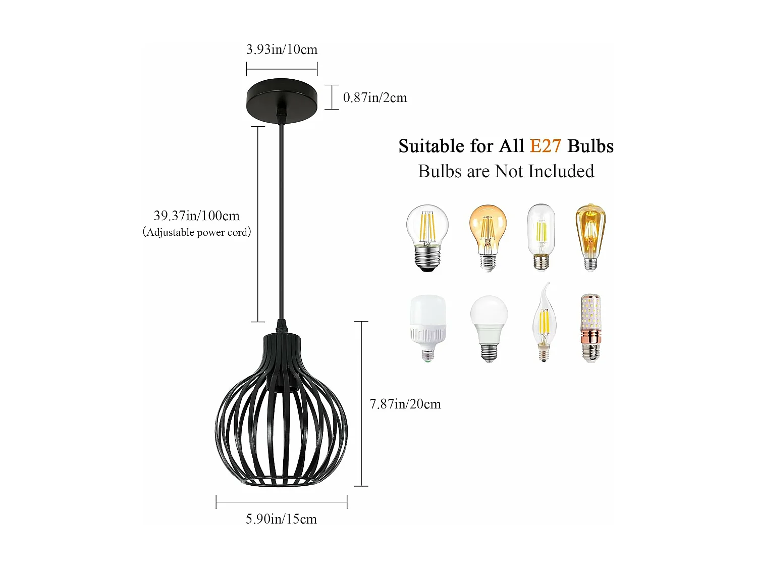 Lustre Plafonnier Suspension Industrielle Rétro Vintage E27 Noir Éclairage Abat-jour Métal en Forme de Cage pour Cuisines Balcons