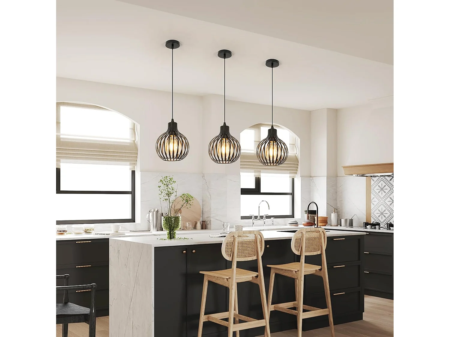 Lustre Plafonnier Suspension Industrielle Rétro Vintage E27 Noir Éclairage Abat-jour Métal en Forme de Cage pour Cuisines Balcons