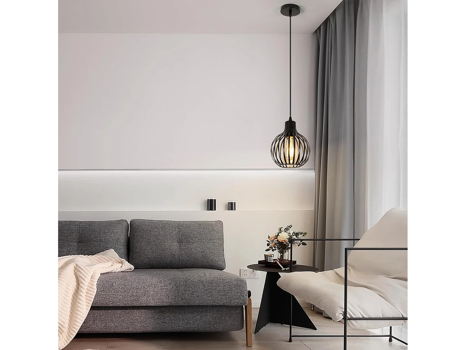 Lustre Plafonnier Suspension Industrielle Rétro Vintage E27 Noir Éclairage Abat-jour Métal en Forme de Cage pour Cuisines Balcons