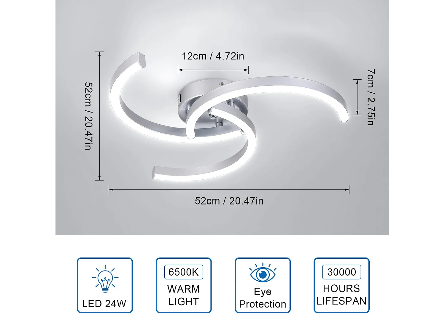 Plafonniers LED Moderne, argenté, Trois à tubes incurvés, 52*7cm,lumière blanche 6500K 24W
