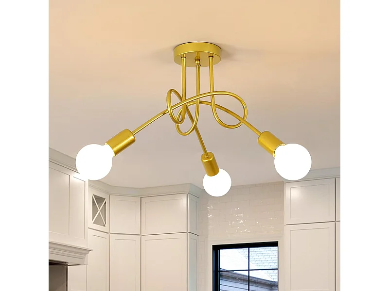Lustre Chambre à Coucher en Or Plafonnier Industriel E27 3 lumières Vintage en fer pour Salon Cuisine Salle à Manger (Ampoule non incluse)