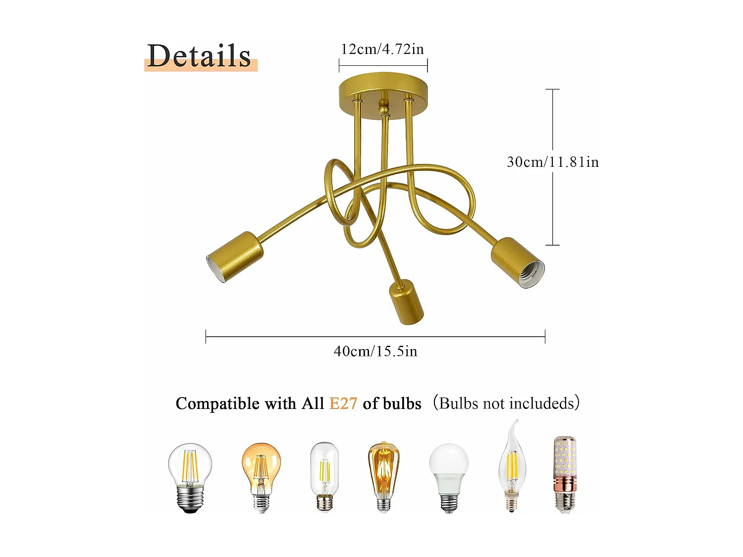 Lustre Chambre à Coucher en Or Plafonnier Industriel E27 3 lumières Vintage en fer pour Salon Cuisine Salle à Manger (Ampoule non incluse)