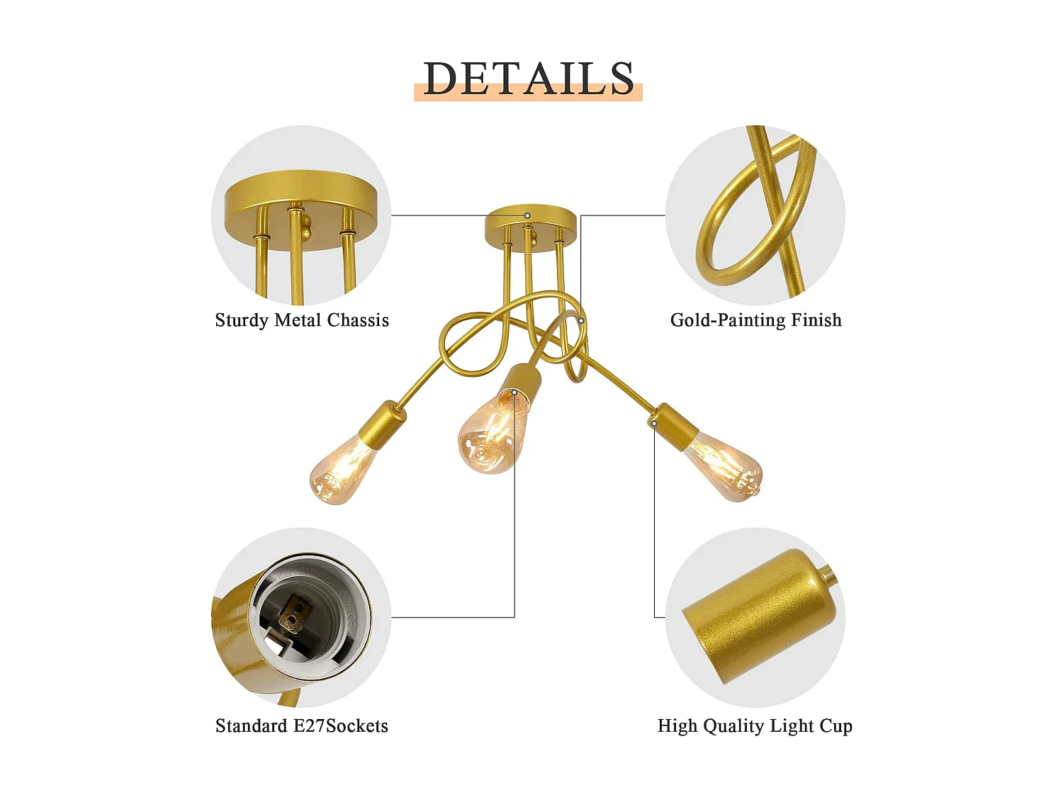 Lustre Chambre à Coucher en Or Plafonnier Industriel E27 3 lumières Vintage en fer pour Salon Cuisine Salle à Manger (Ampoule non incluse)
