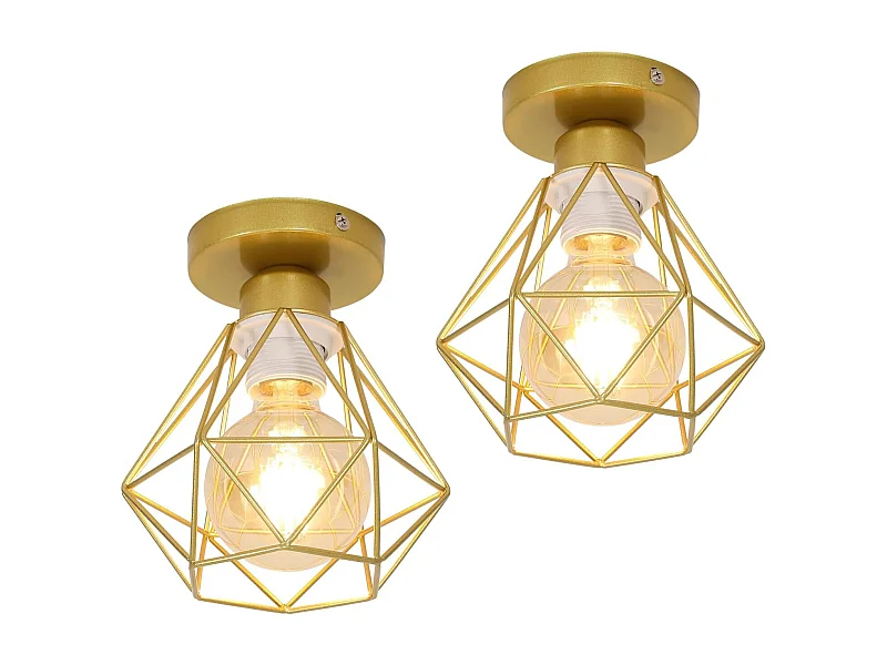 Plafonnier Industriel Vintage E27 Lustre Luminaire Métal Cage Suspension Rétro éclairage Plafond en Fer Noir pour Salon Cuisine Chambre Bar Or 2PC
