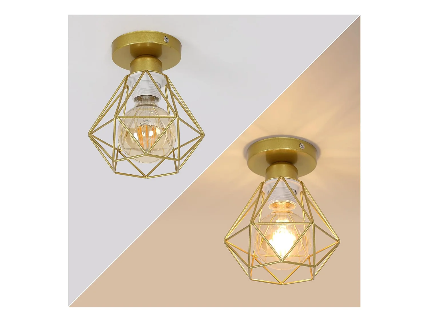 Plafonnier Industriel Vintage E27 Lustre Luminaire Métal Cage Suspension Rétro éclairage Plafond en Fer Noir pour Salon Cuisine Chambre Bar Or 2PC