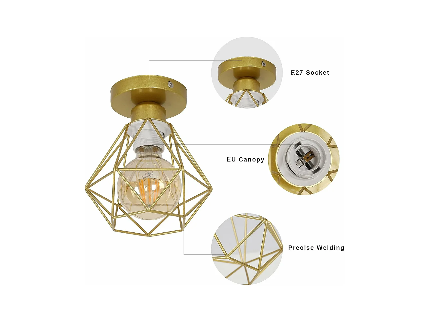 Plafonnier Industriel Vintage E27 Lustre Luminaire Métal Cage Suspension Rétro éclairage Plafond en Fer Noir pour Salon Cuisine Chambre Bar Or 2PC