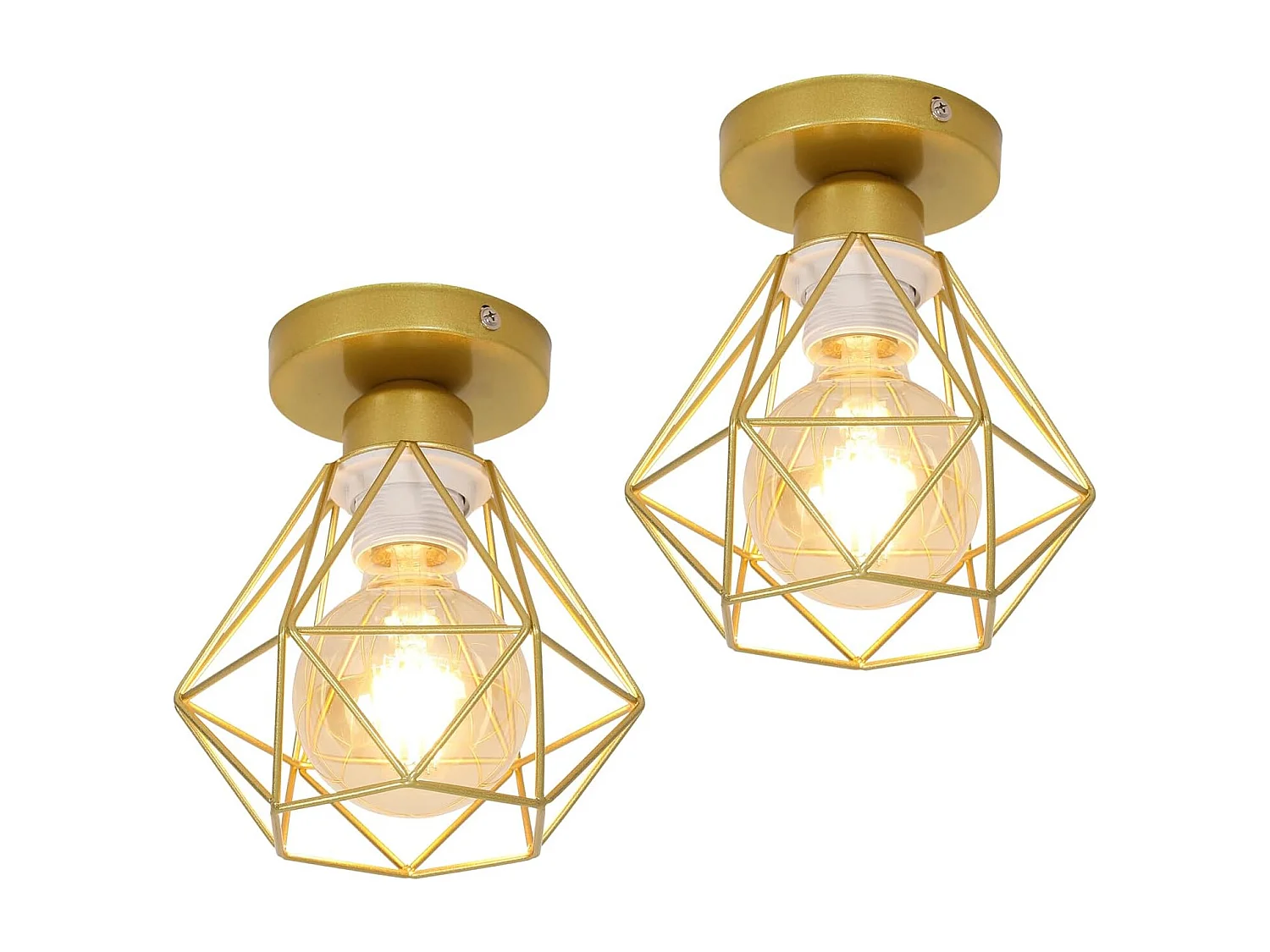 Plafonnier Industriel Vintage E27 Lustre Luminaire Métal Cage Suspension Rétro éclairage Plafond en Fer Noir pour Salon Cuisine Chambre Bar Or 2PC