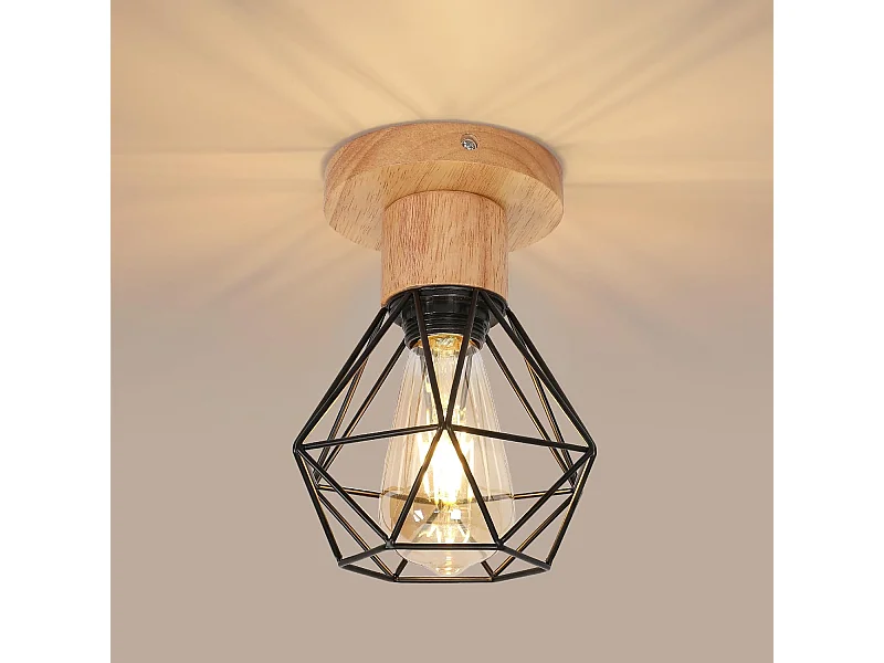 Plafonnier Industriel Bois, E27 Plafonnier Couloir, 16CM Vintage Luminaire Métal Cage pour Entrée, Salon, Porche,Salle à Manger(Ampoule Non Incluse)