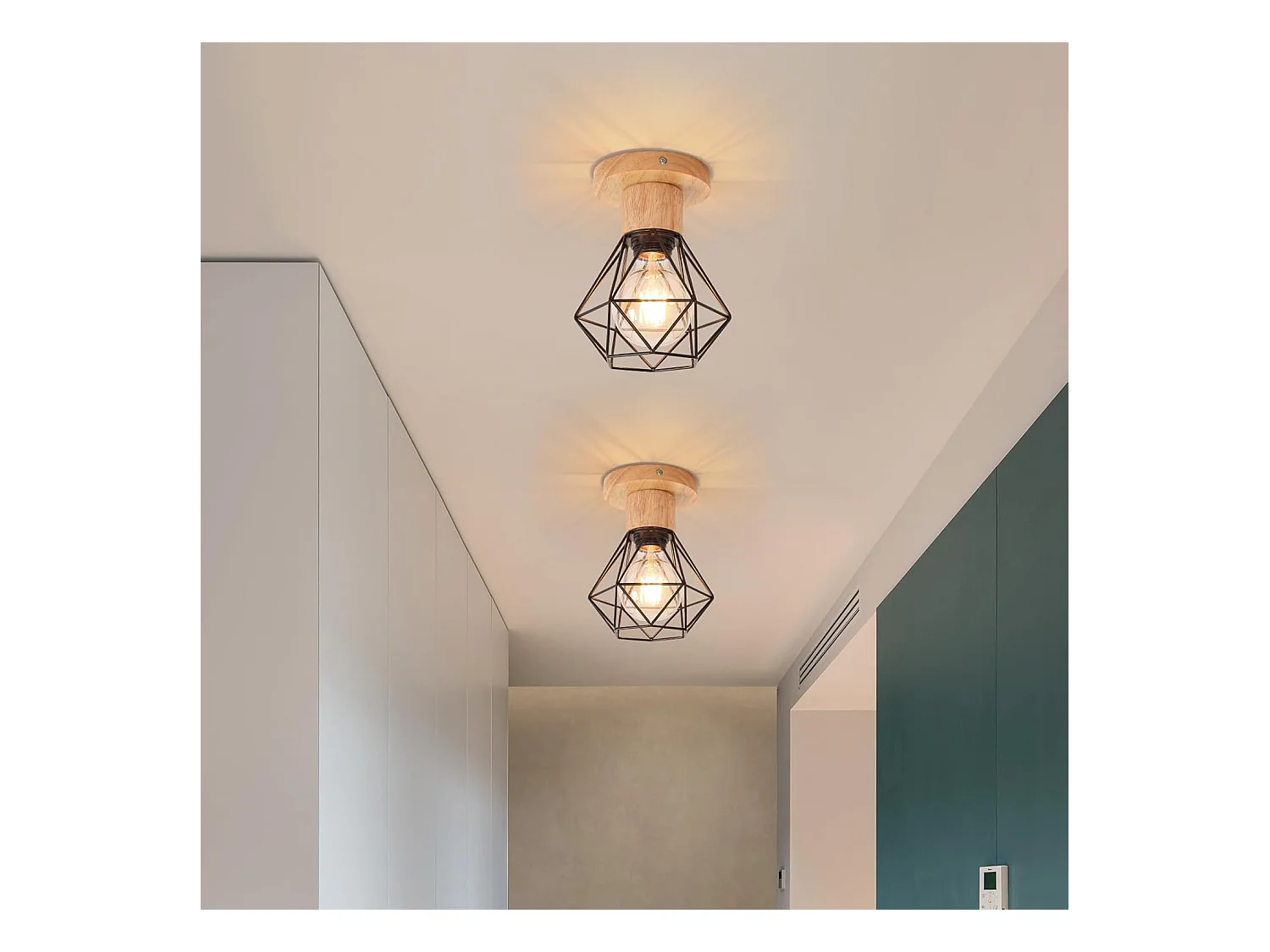 Plafonnier Industriel Bois, E27 Plafonnier Couloir, 16CM Vintage Luminaire Métal Cage pour Entrée, Salon, Porche,Salle à Manger(Ampoule Non Incluse)