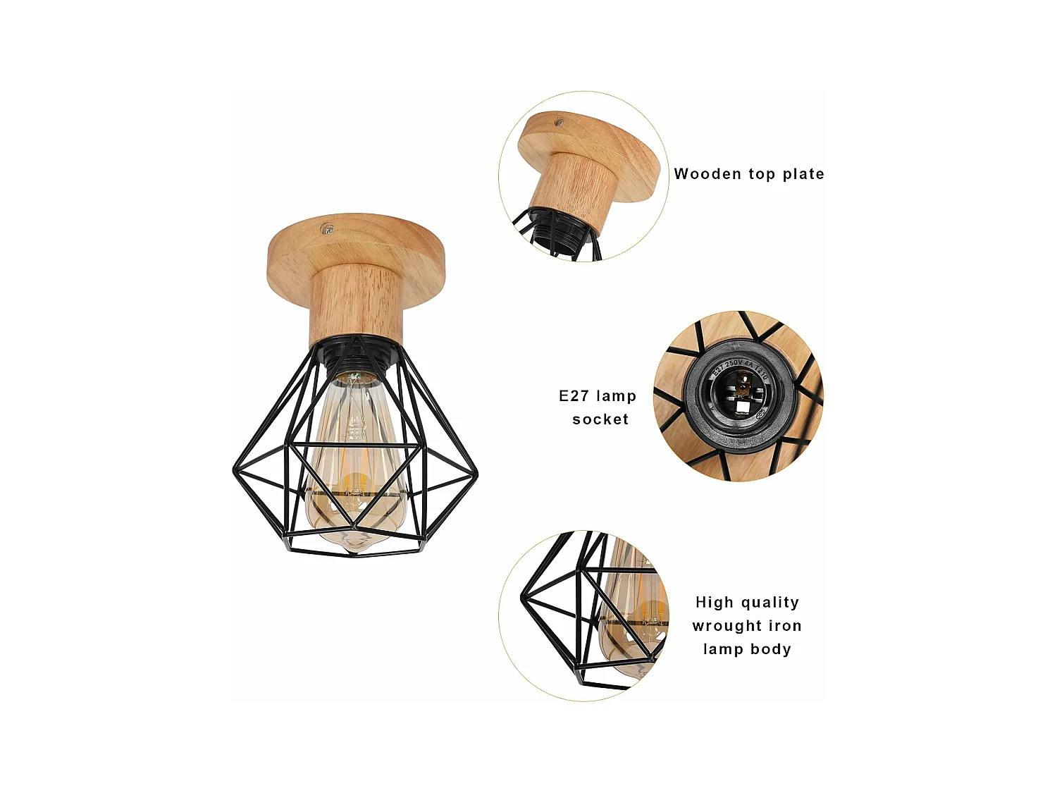 Plafonnier Industriel Bois, E27 Plafonnier Couloir, 16CM Vintage Luminaire Métal Cage pour Entrée, Salon, Porche,Salle à Manger(Ampoule Non Incluse)