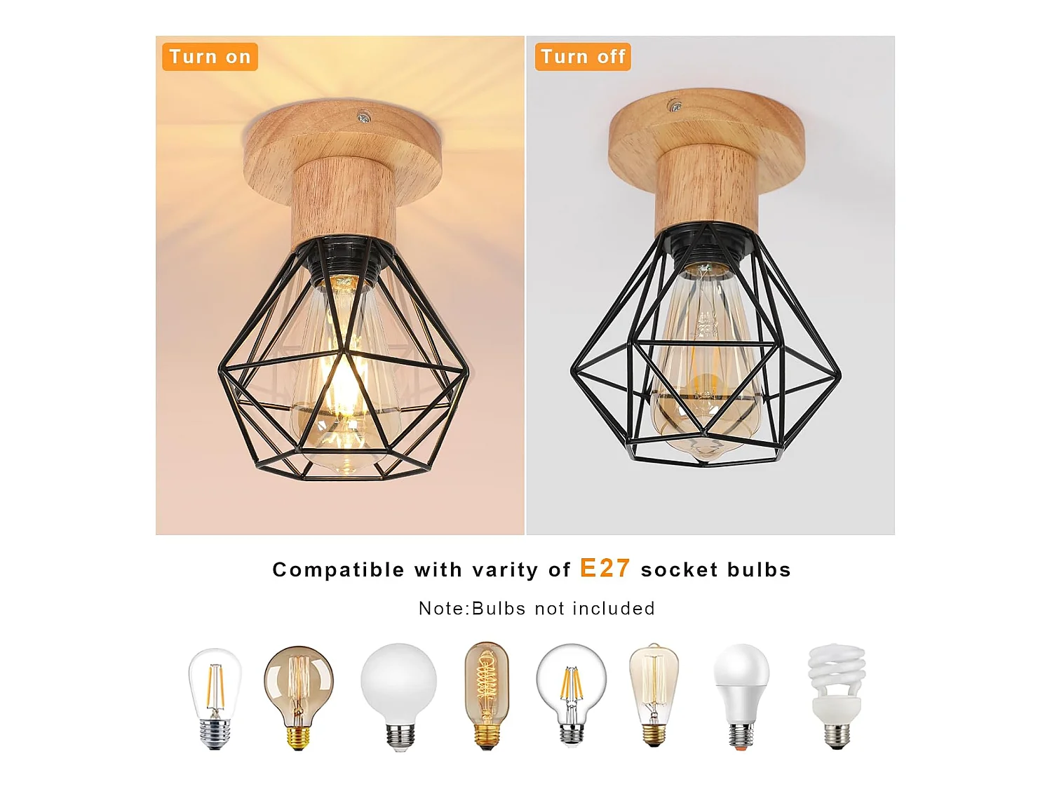 Plafonnier Industriel Bois, E27 Plafonnier Couloir, 16CM Vintage Luminaire Métal Cage pour Entrée, Salon, Porche,Salle à Manger(Ampoule Non Incluse)