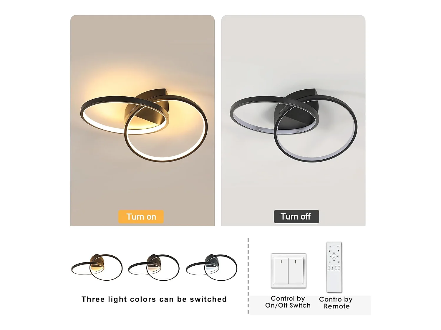 Led Ceiling Lights, Modern Ceiling Lighting with Remote Control,Dimmable Light Fittings,Office-23W,Black，Aluminum,54CM,3000K-6500k