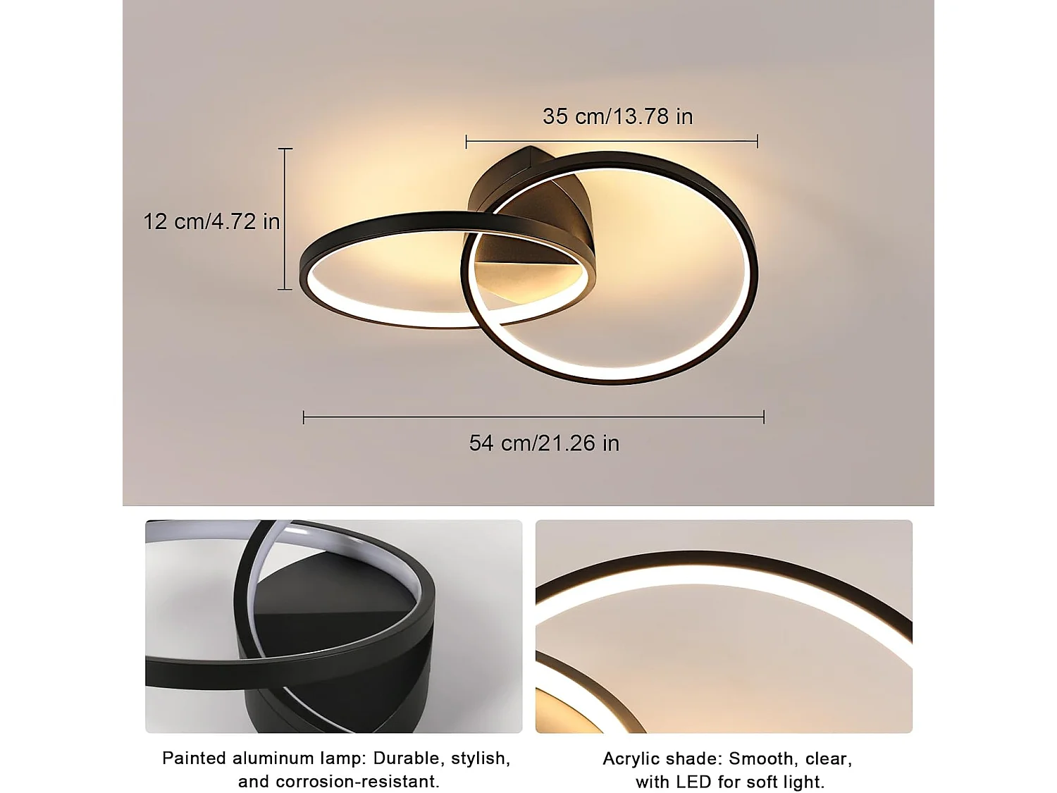 Led Ceiling Lights, Modern Ceiling Lighting with Remote Control,Dimmable Light Fittings,Office-23W,Black，Aluminum,54CM,3000K-6500k