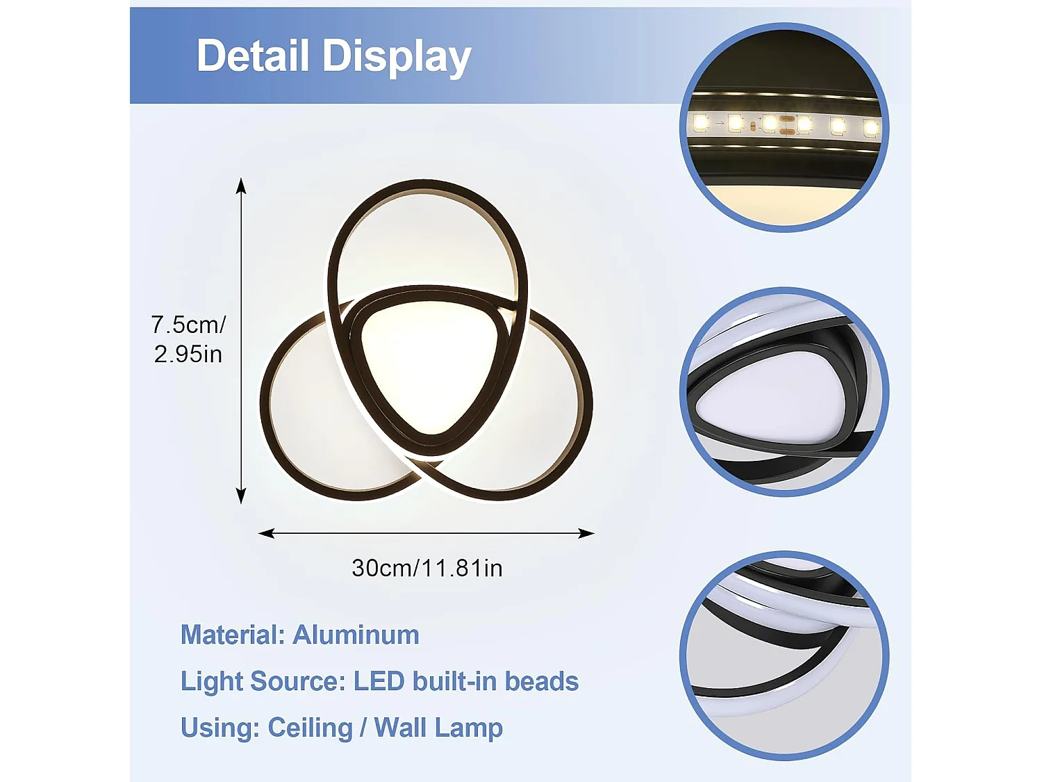 Plafonnier LED, 36W 4050lm, Luminaire de Plafond Diamètre 30cm, Lumière blanc naturel 4500K