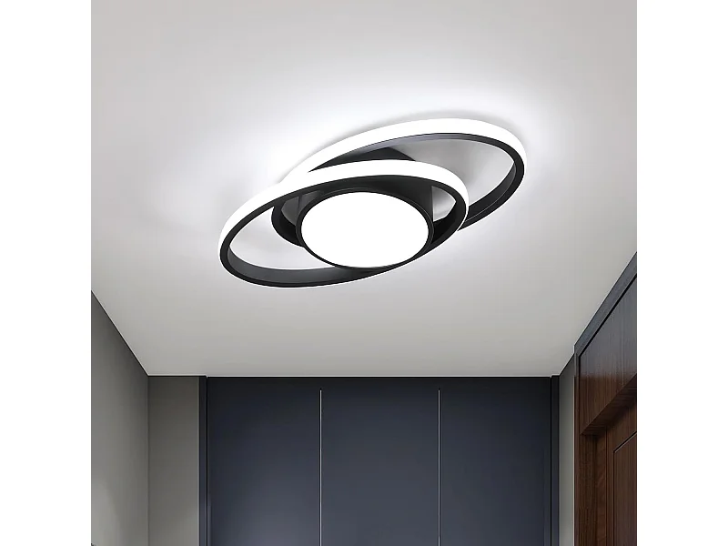 Plafonnier LED Double Rond Design Moderne pour Salle de Bain Salon Chambre Cuisine Éclairage Puissant et Élégant (Noir 39W Lumière Blanche 6500K)