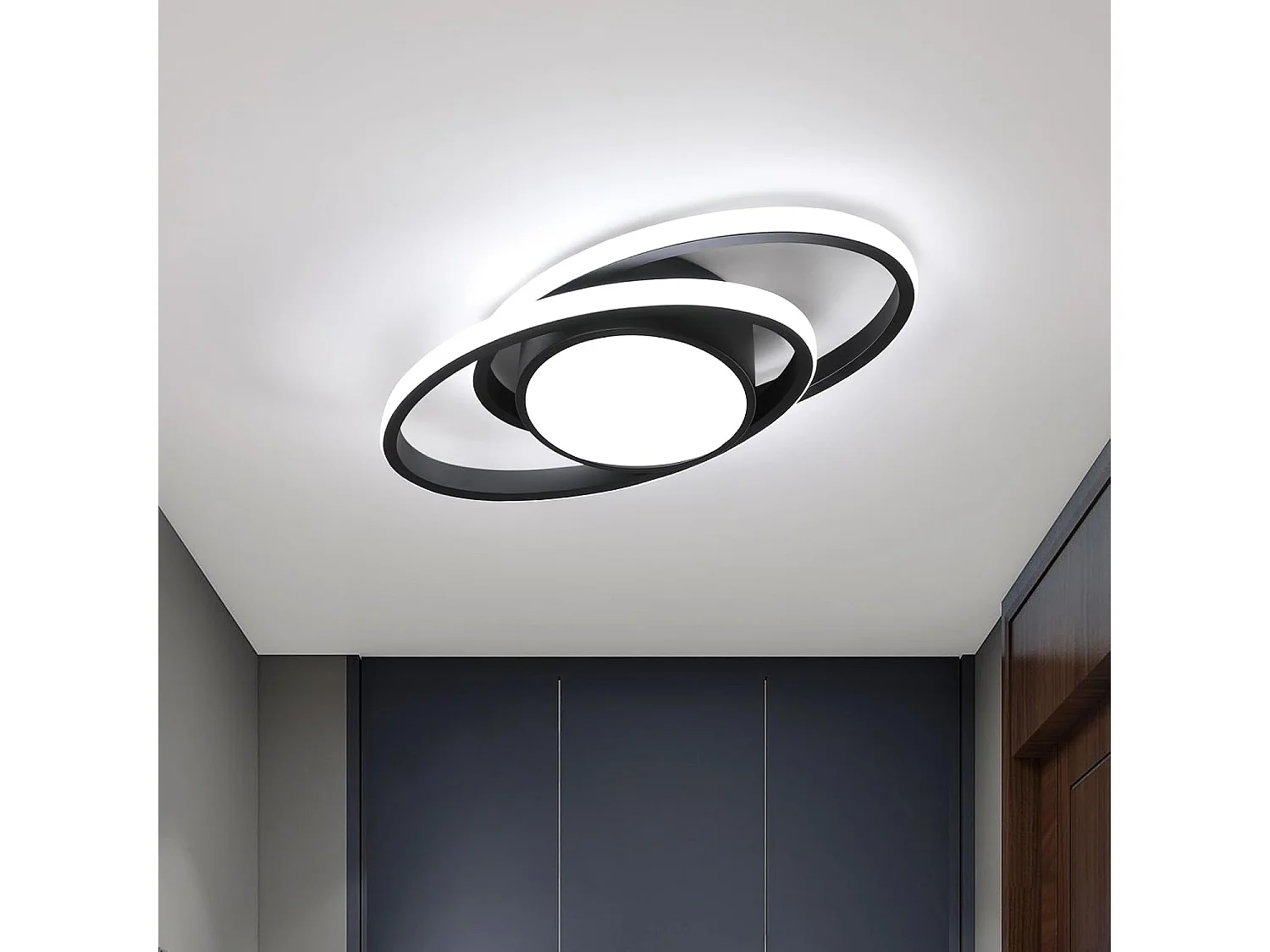 Haobosic Plafonnier LED double cercle aluminium 39W blanc froid, forme ovale, finition noir, 38.5cm