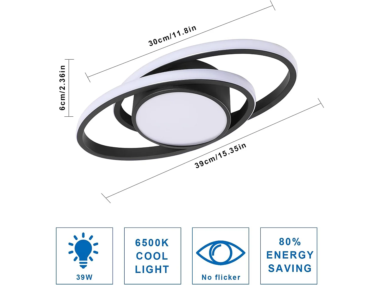 Haobosic Plafonnier LED double cercle aluminium 39W blanc froid, forme ovale, finition noir, 38.5cm