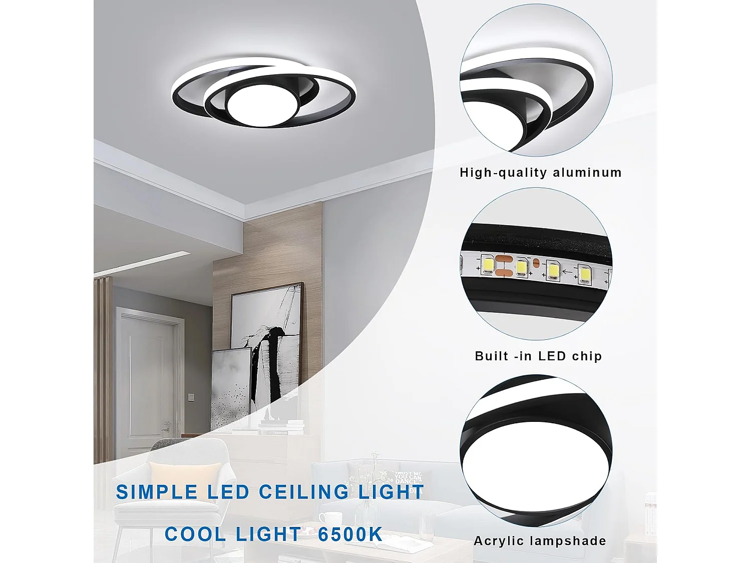 Haobosic Plafonnier LED double cercle aluminium 39W blanc froid, forme ovale, finition noir, 38.5cm