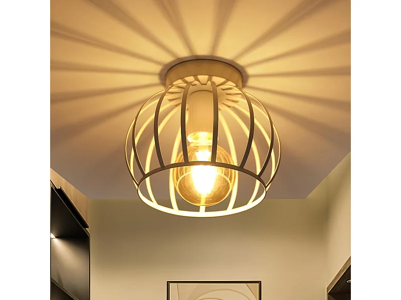 Plafonnier Industriel E27 Lustre,Vintage Luminaire Plafonnier Abat-jour en Cage Métal Douille E27,Lampe de Plafond,Blanc,Ampoules non Incluses