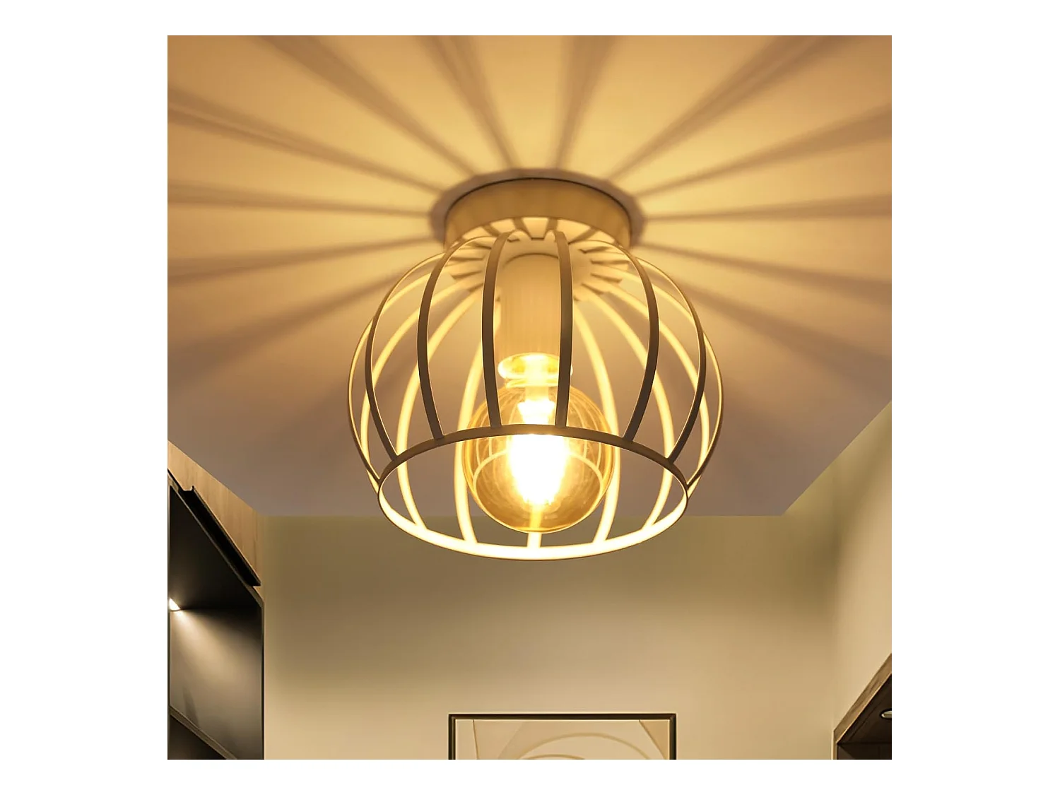 Plafonnier Industriel E27 Lustre,Vintage Luminaire Plafonnier Abat-jour en Cage Métal Douille E27,Lampe de Plafond,Blanc,Ampoules non Incluses