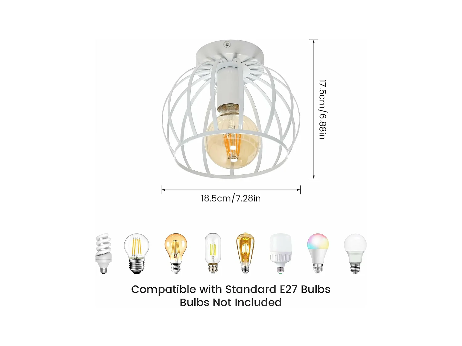 Plafonnier Industriel E27 Lustre,Vintage Luminaire Plafonnier Abat-jour en Cage Métal Douille E27,Lampe de Plafond,Blanc,Ampoules non Incluses