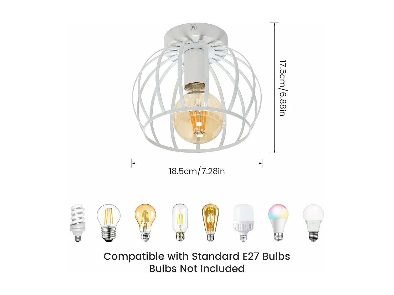 Plafonnier Industriel E27 Lustre,Vintage Luminaire Plafonnier Abat-jour en Cage Métal Douille E27,Lampe de Plafond,Blanc,Ampoules non Incluses