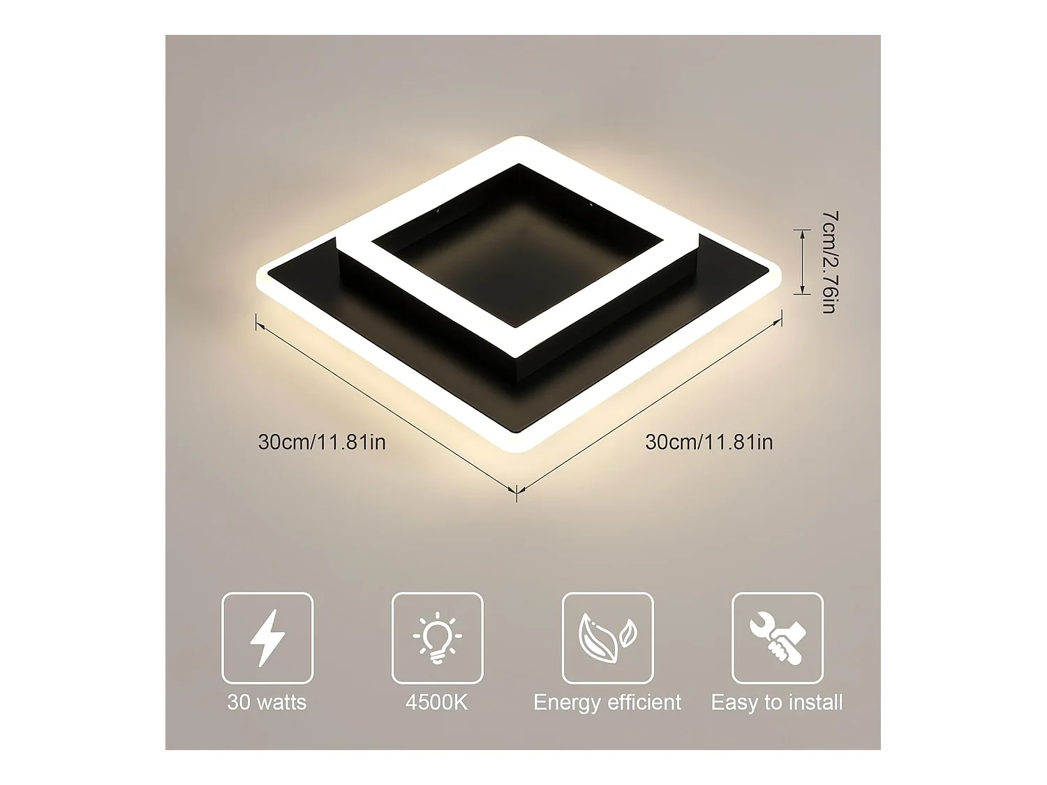 Plafonnier LED Moderne, 30W 3375LM Luminaire Plafonnier LED Carre, Lampe de Plafond Noir en Acrylique pour Salon Chambre Cuisine Couloir, 4500K Lumière Neutre, 30CM