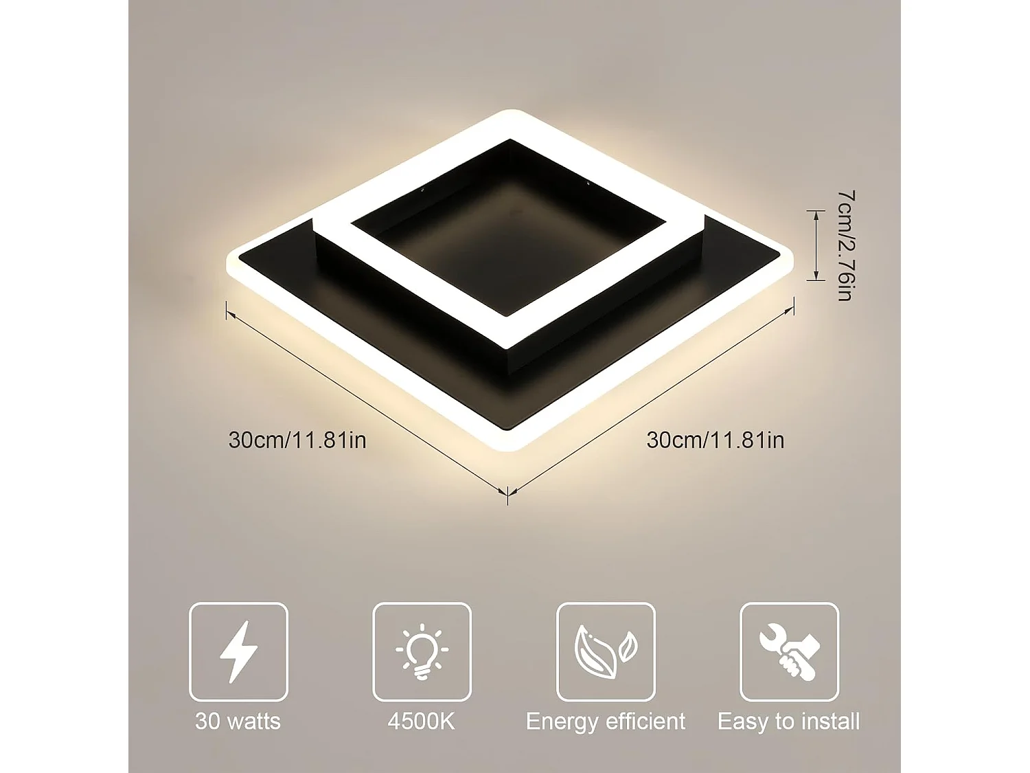 Plafonnier LED Moderne, 30W 3375LM Luminaire Plafonnier LED Carre, Lampe de Plafond Noir en Acrylique pour Salon Chambre Cuisine Couloir, 4500K Lumière Neutre, 30CM