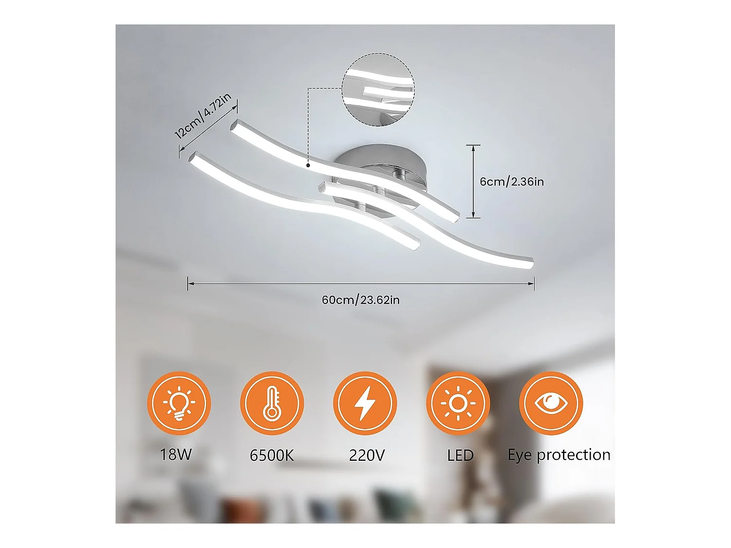 Plafonnier LED,Suspension Luminaire en forme de vague,LED intégrées 18W 1600 Lumen,lustre moderne pour salon,220V IP20 lumière Blanc Froid 6500K