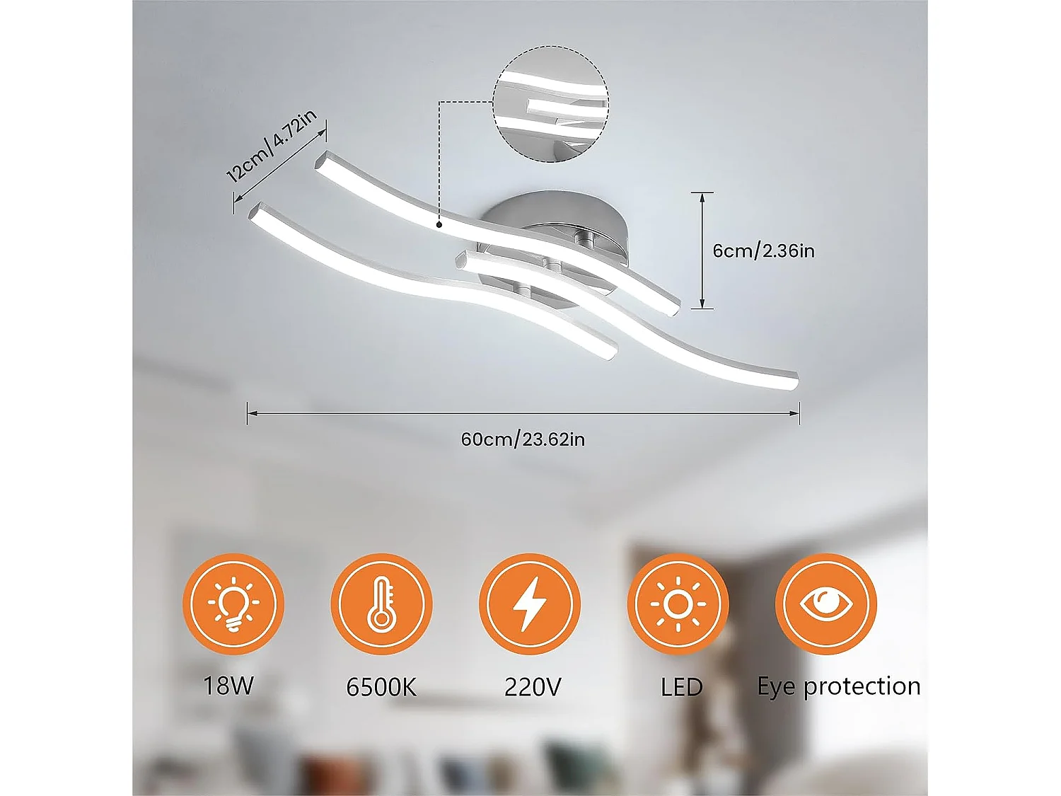 Plafonnier LED,Suspension Luminaire en forme de vague,LED intégrées 18W 1600 Lumen,lustre moderne pour salon,220V IP20 lumière Blanc Froid 6500K