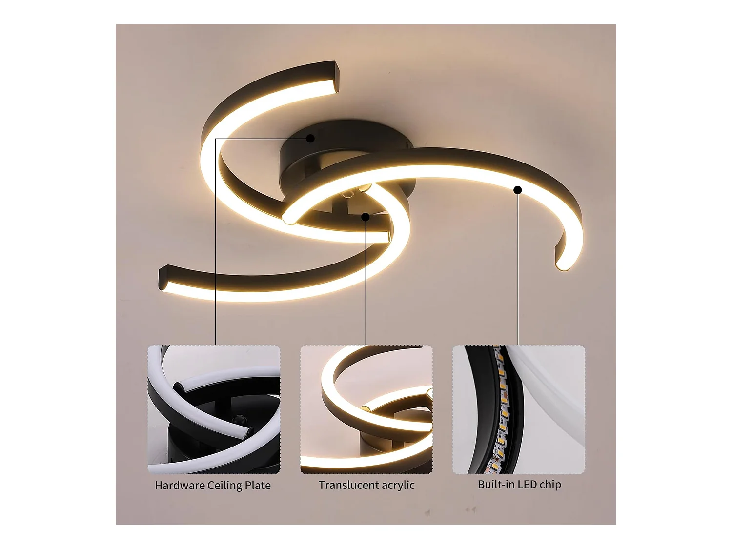 Luminaire Plafonnier LED Moderne,Plafonnier 24W 52cm,Lampe de Plafond Noir Design Courbé Lumière Chaude 3000K pour Salon,Couloir et Chambre à Coucher