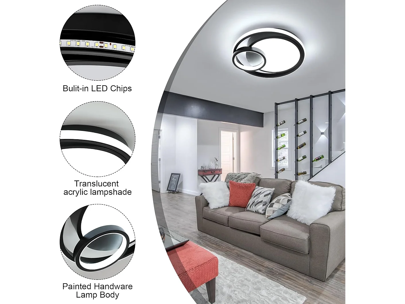 Plafonnier LED, 36W 4050LM Luminaire Plafonnier Moderne, Lampe de Plafond Design à Trois Ronds 6500K pour Chambre Salon Salle à Manger Bureau Cuisine Noir