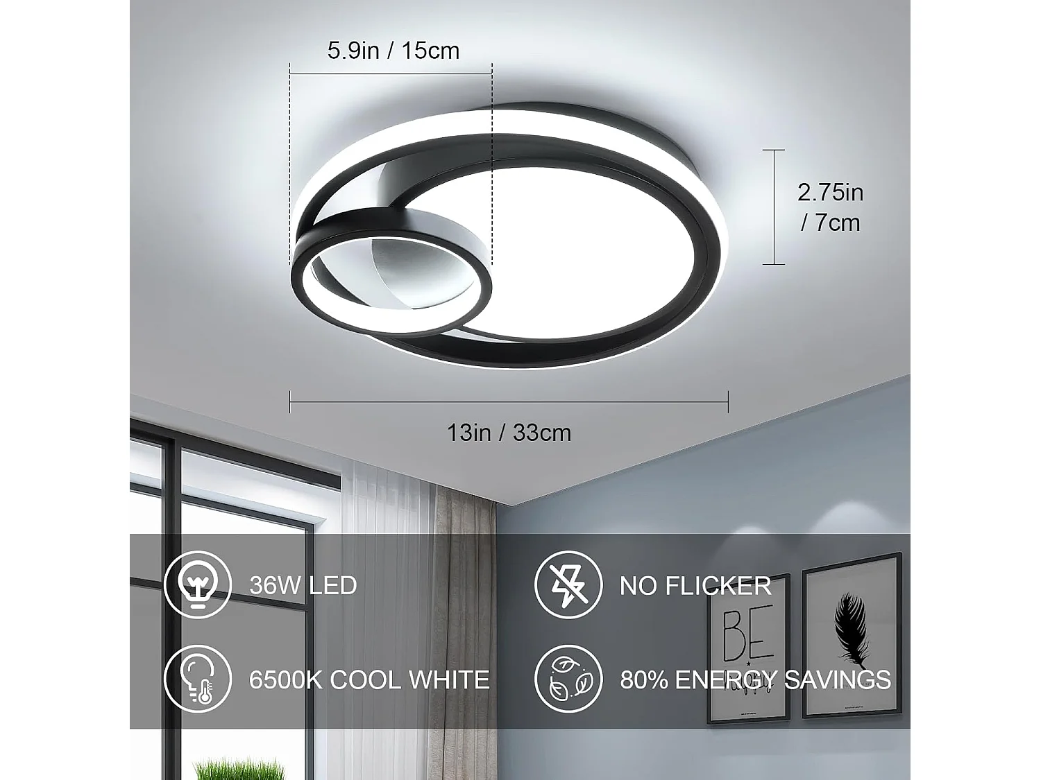 Plafonnier LED, 36W 4050LM Luminaire Plafonnier Moderne, Lampe de Plafond Design à Trois Ronds 6500K pour Chambre Salon Salle à Manger Bureau Cuisine Noir